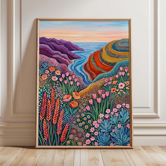 Coastal Wildflower Folk Landscape, Ocean Sunset