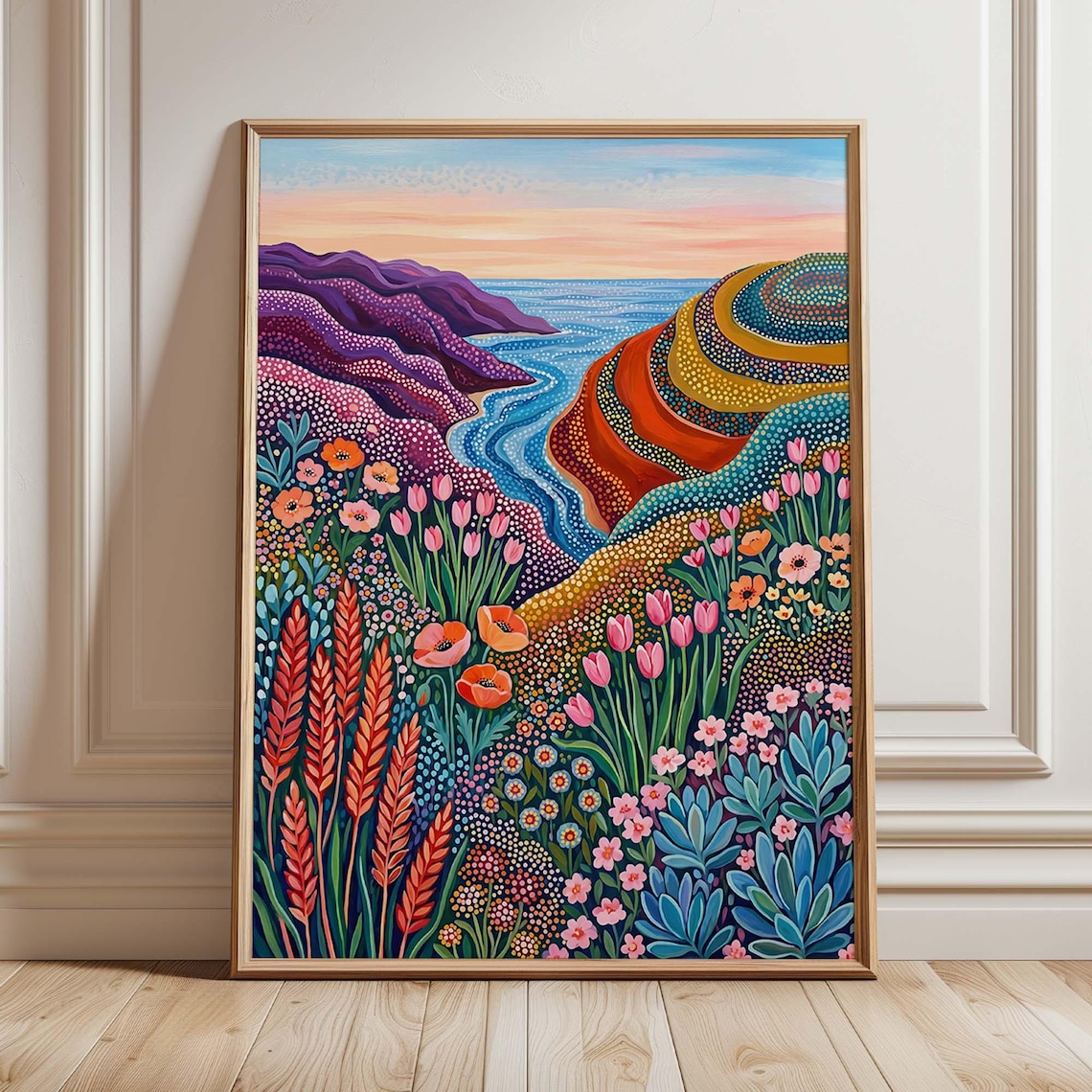 Coastal Wildflower Folk Landscape, Ocean Sunset