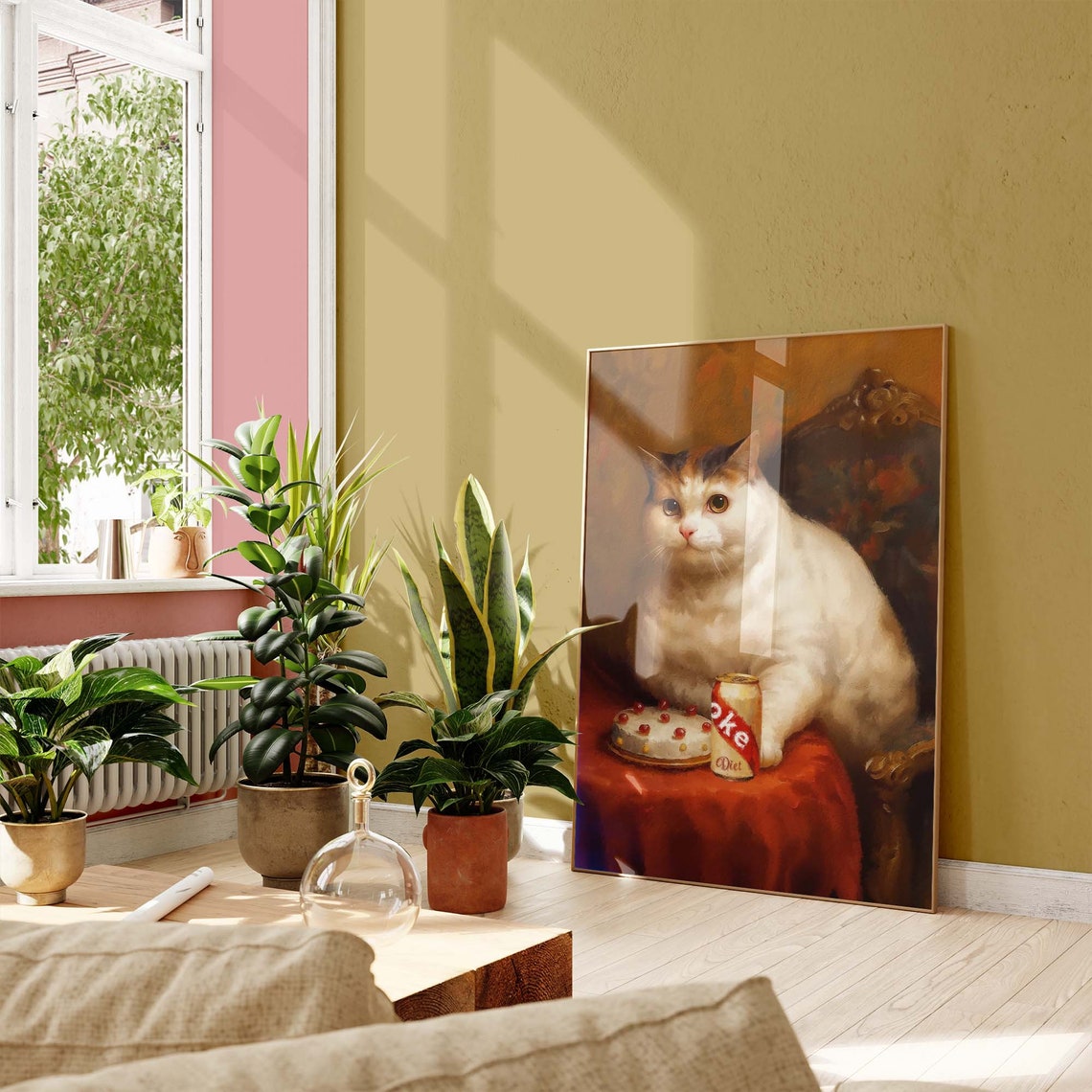 Chubby White Cat With Birthday Cake And Diet Cola Can Art Poster - Image 3