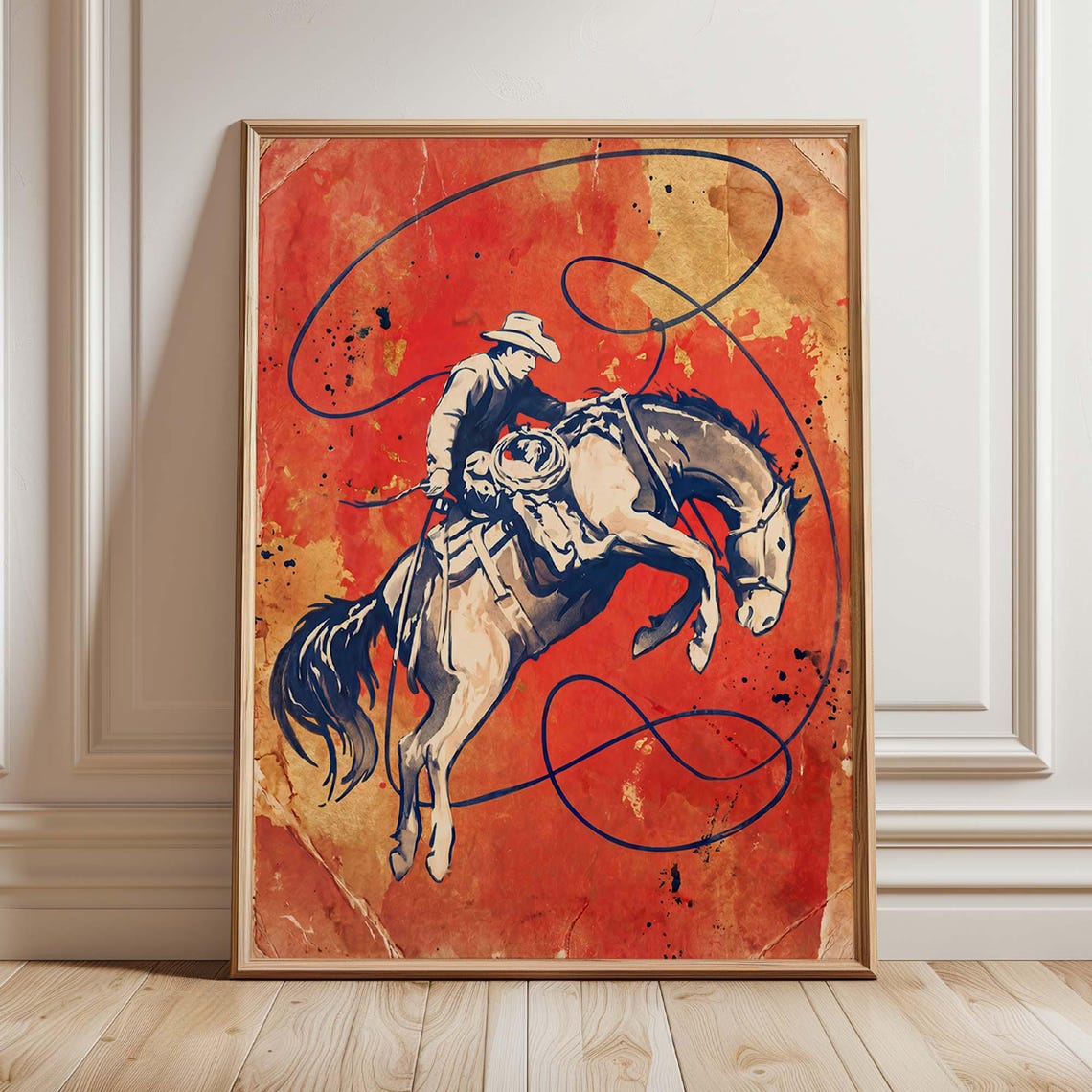 Rodeo Cowboy Bucking Horse Lasso Red Vintage Western Ranch Art Poster