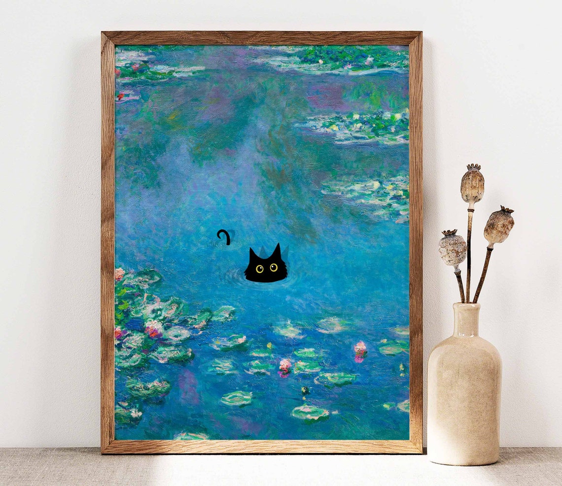 Black Cat Swimming In Monet Water Lily Pond With Blooms Poster