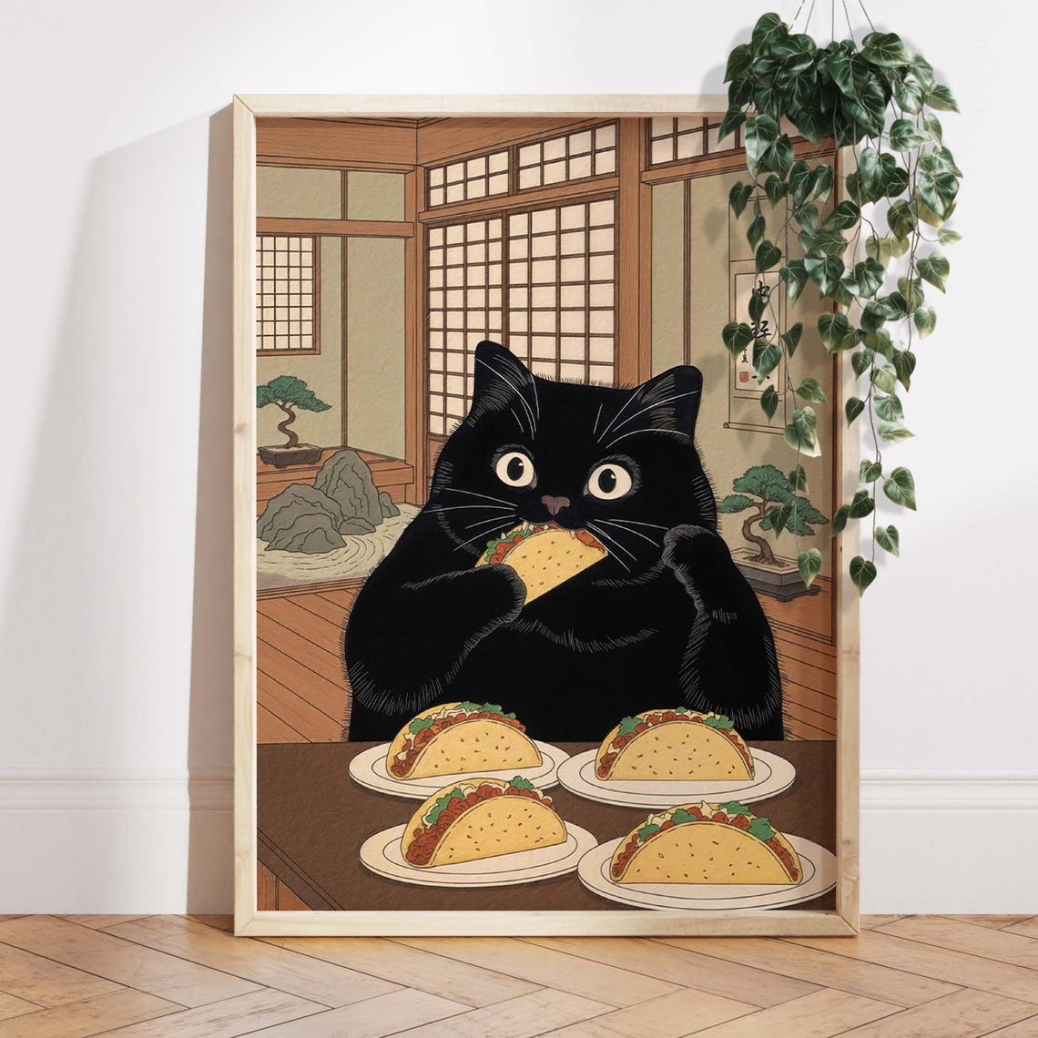 Black Cat Eating Tacos Print Japanese Kitchen Art