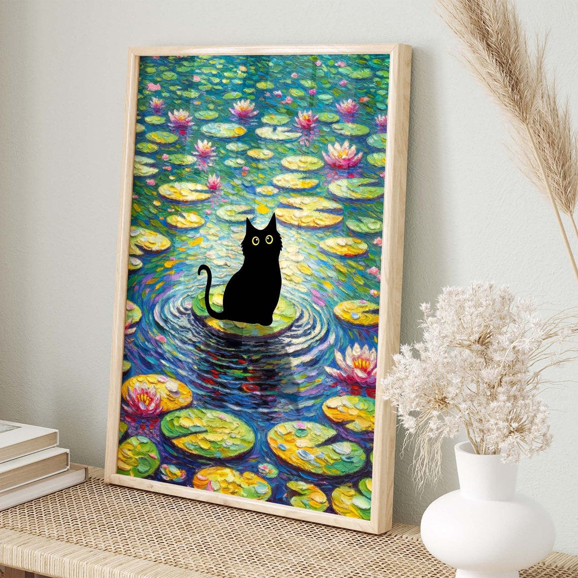 Black Cat on Lily Pad in a Vibrant Water Lily Pond Art Poster - Image 3