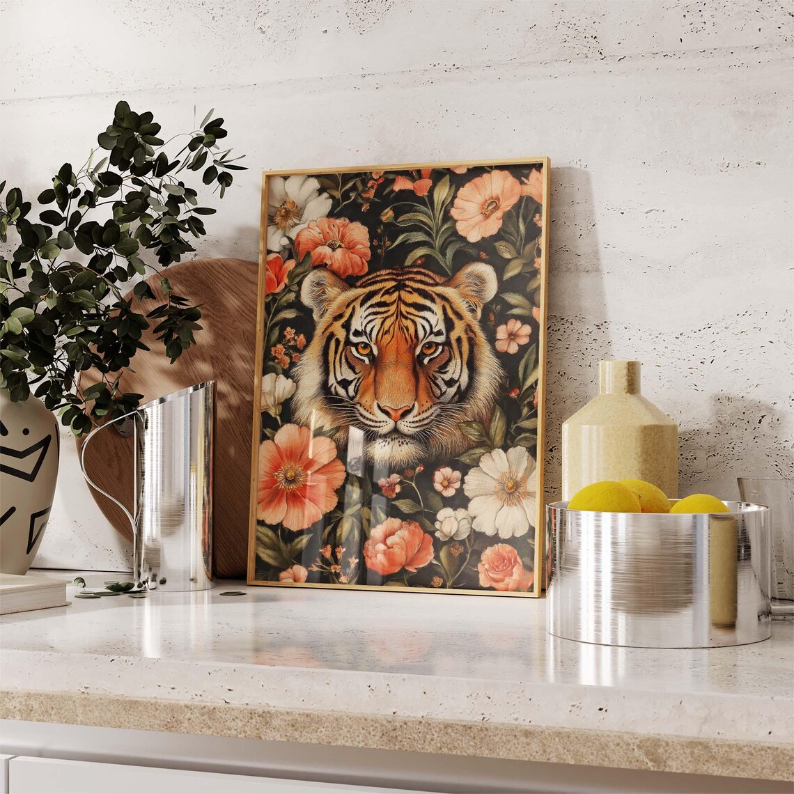 Tiger Portrait In Dark Floral Garden Morris Inspired Orange Blooms Poster - Image 2