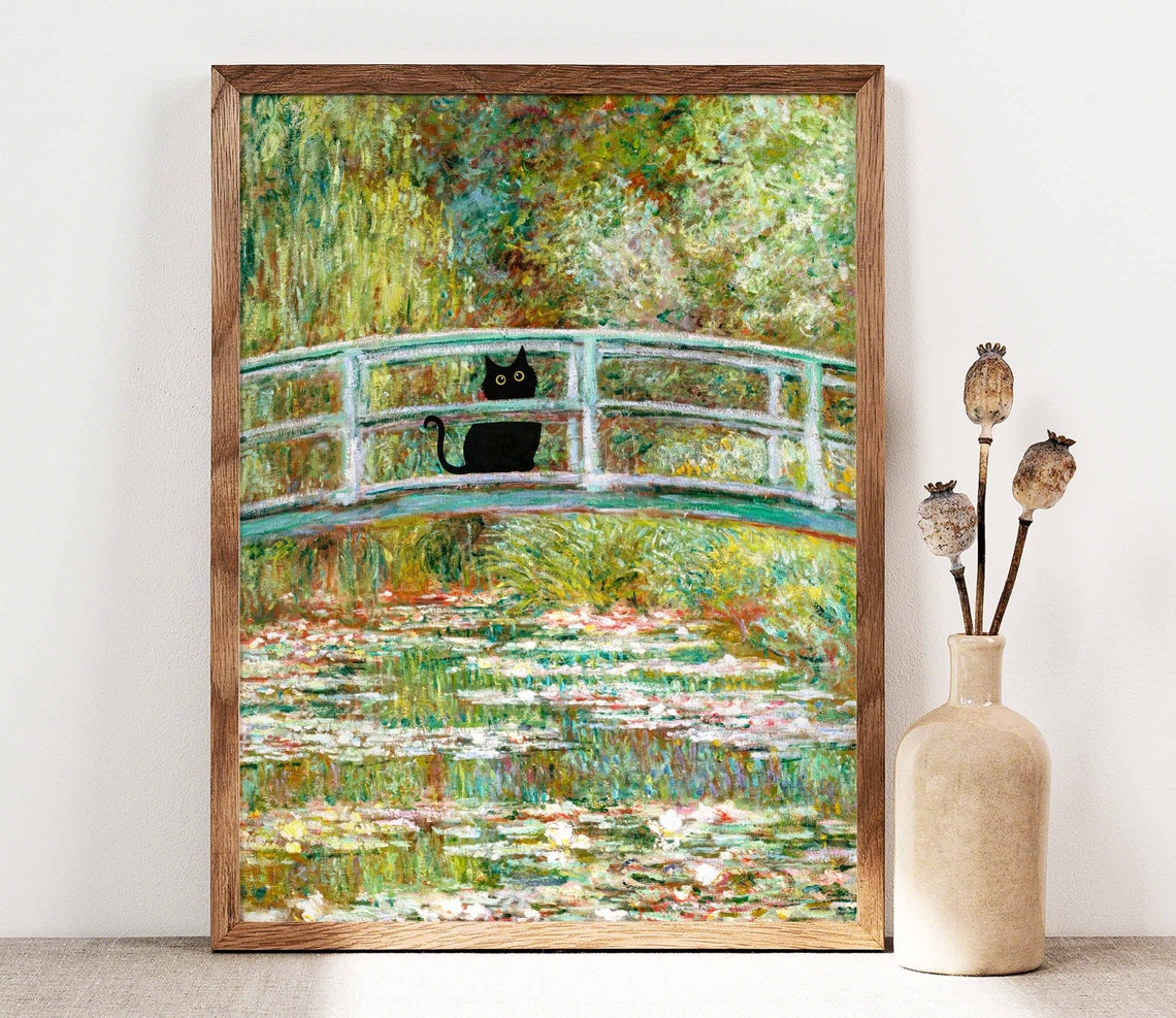 Black Cat Standing On Monet Water Lily Garden Bridge Art Poster