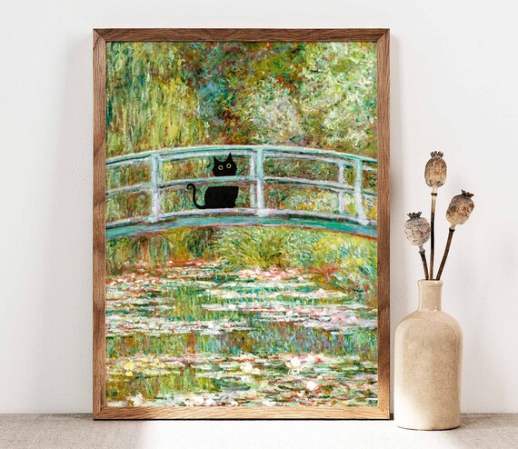 Black Cat Standing On Monet Water Lily Garden Bridge Art Poster
