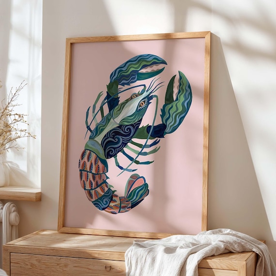 Colorful Lobster Pink Poster Coastal Whimsical Seafood Kitchen Art