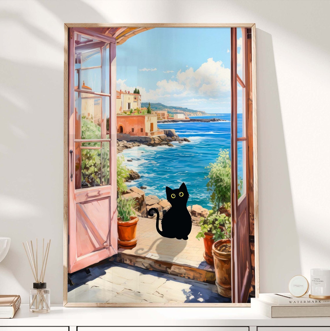 Black Cat On Sunny Coastal Terrace With Sea View Funny Cat Poster - Image 3