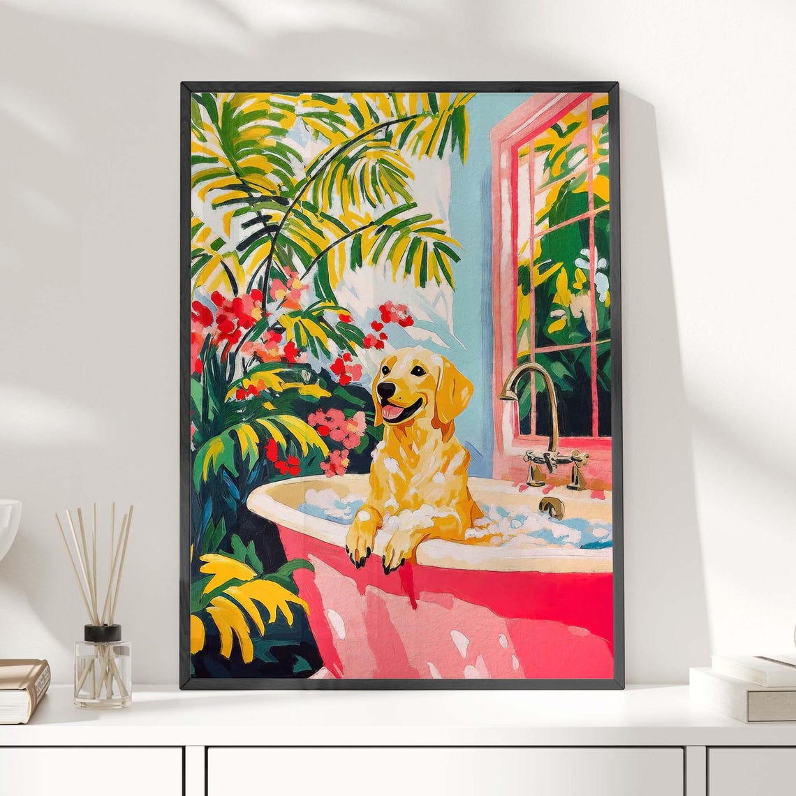 Happy Labrador In Pink Tropical Bathtub With Palm Leaves Poster - Image 4