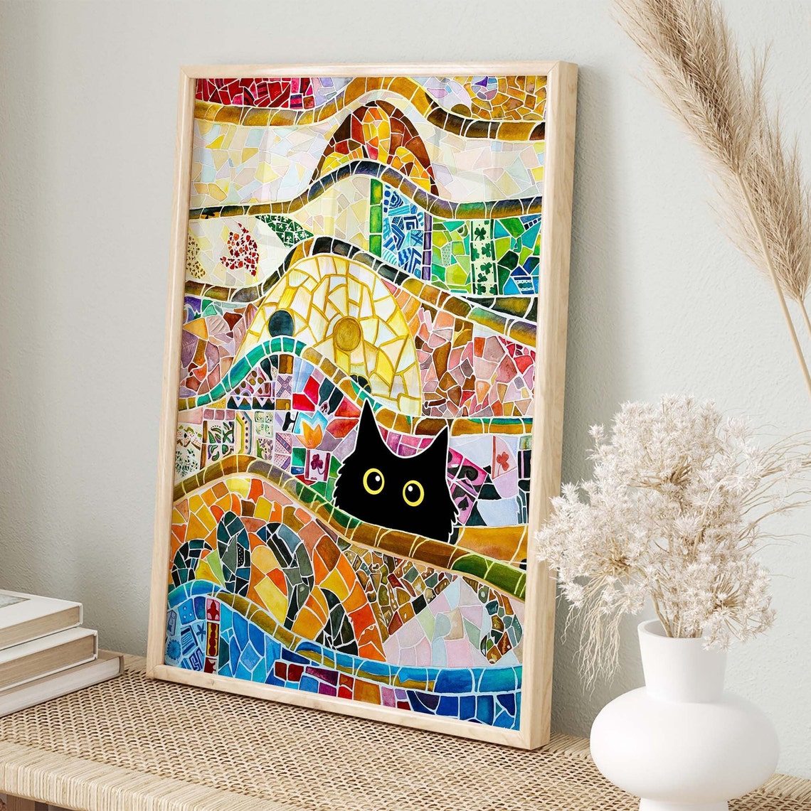 Black Cat Peeking Through Gaudi Style Mosaic Tile Art Poster - Image 3