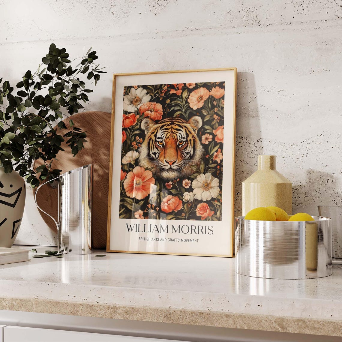 William Morris Style Tiger Face Among Orange And White Flowers Poster - Image 2