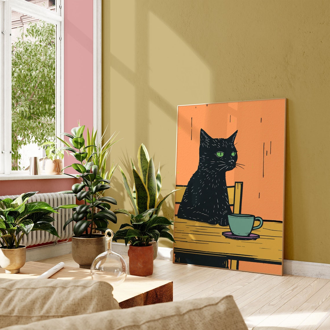 Black Cat At Cafe Table With Green Coffee Cup Woodcut Style Art Poster - Image 3