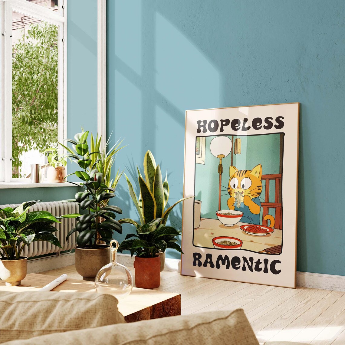 Hopeless Ramentic Funny Orange Tabby Cat Eating Ramen Retro Poster - Image 3
