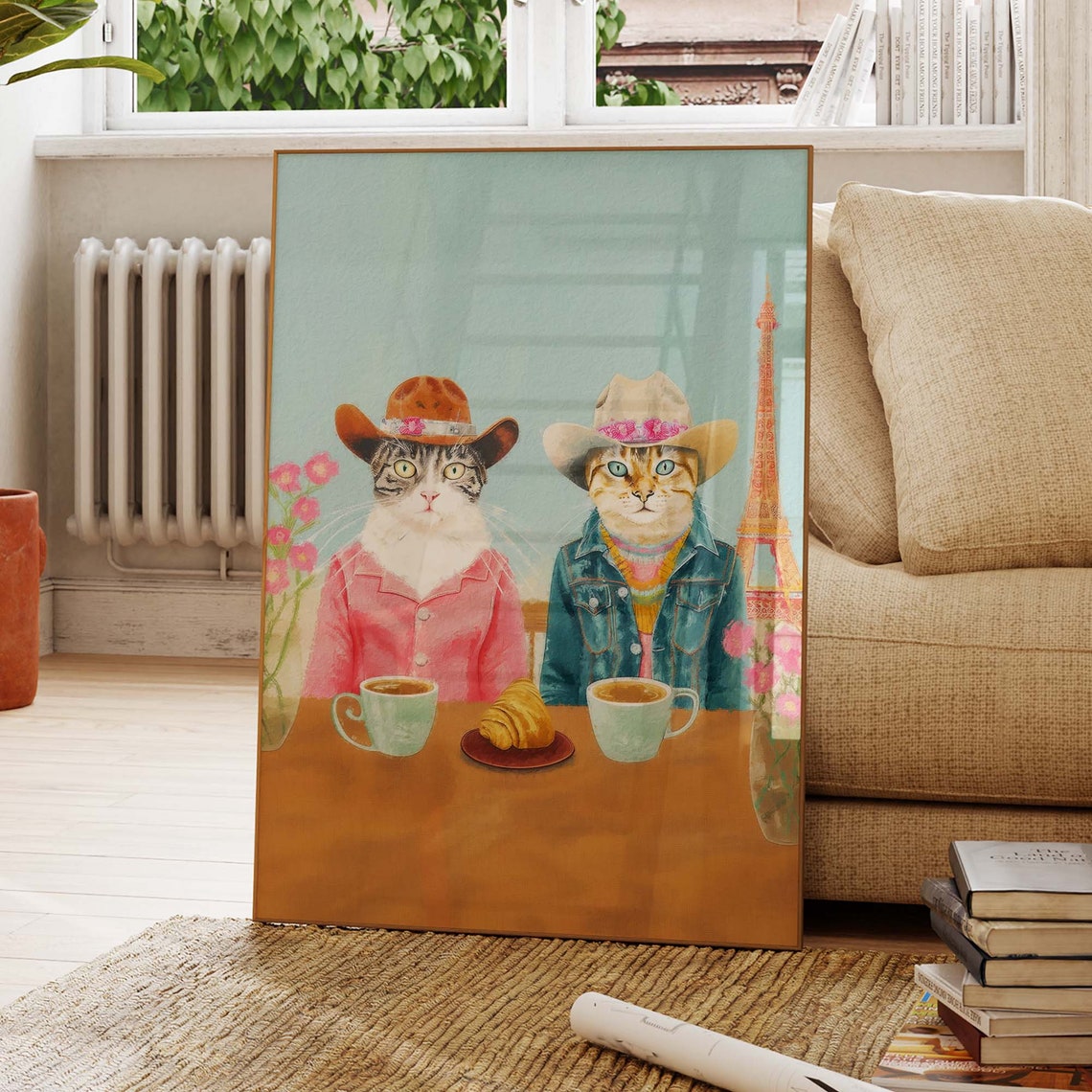 Two Cowboy Cats Having Coffee and Croissants in Paris Poster
