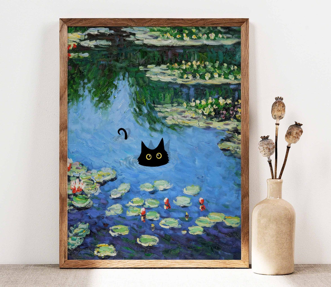 Black Cat Swimming in Monet Water Lily Pond Funny Art Poster