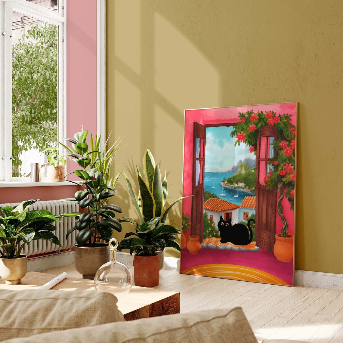 Black Cat At Open Window Overlooking Mediterranean Coast Harbor Poster - Image 2