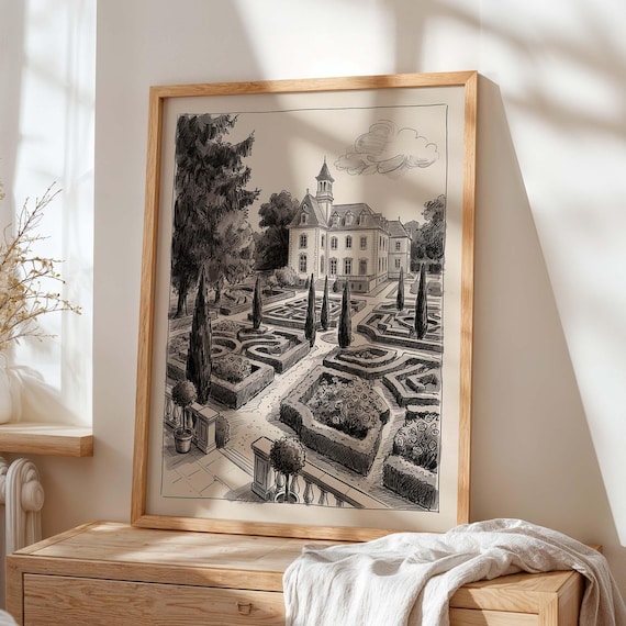French Chateau Garden Ink Sketch Manor Grounds Black White Wall Art
