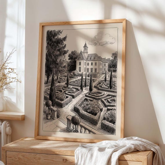 French Chateau Garden Sketch Print Black And White Manor Landscape Poster