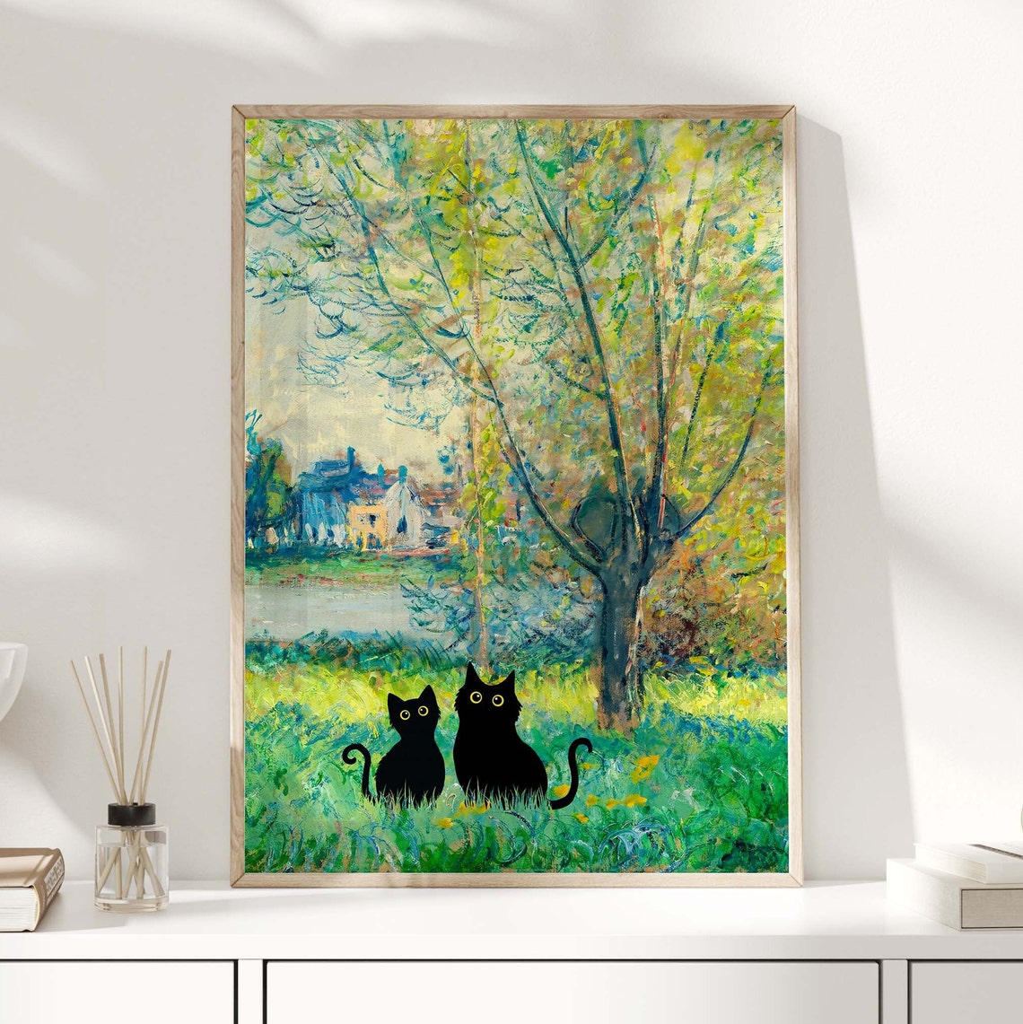 Two Black Cats Sitting In Monet Style Garden By The River Poster - Image 3