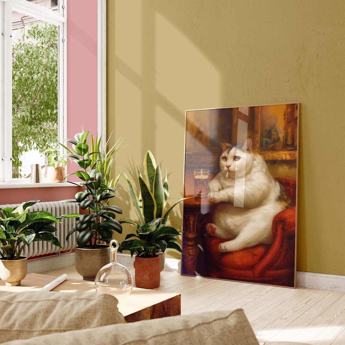 Fat White Cat Smoking a Cigarette With Beer Vintage Bar Poster - Image 3
