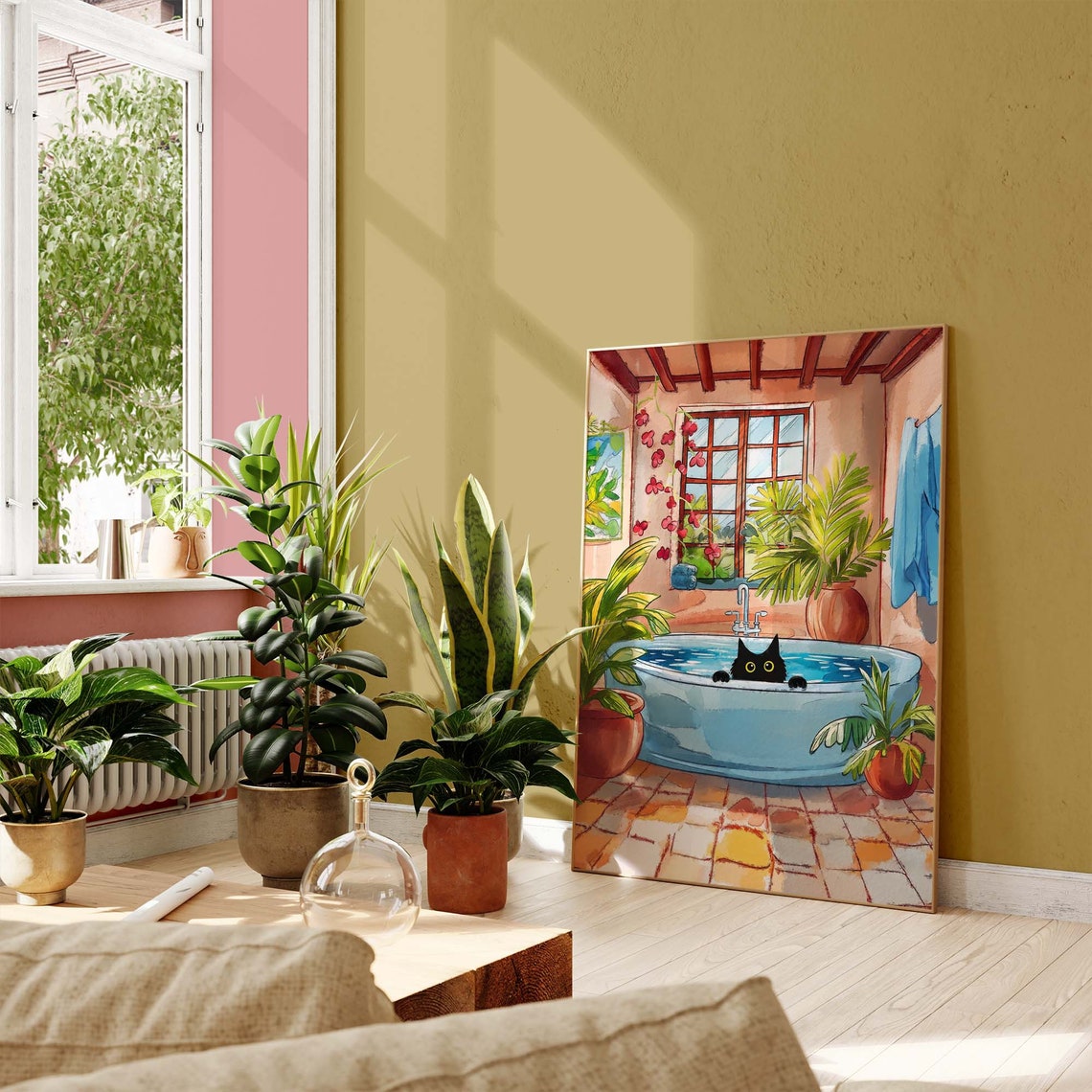 Black Cat Peeking From Bathtub Sunlit Bathroom Plant Art Poster - Image 2