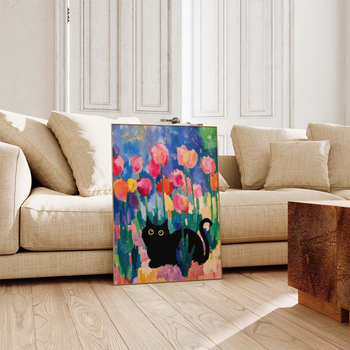 Black Cat Among Tall Colorful Matisse Inspired Tulips Garden Art Poster - Image 2