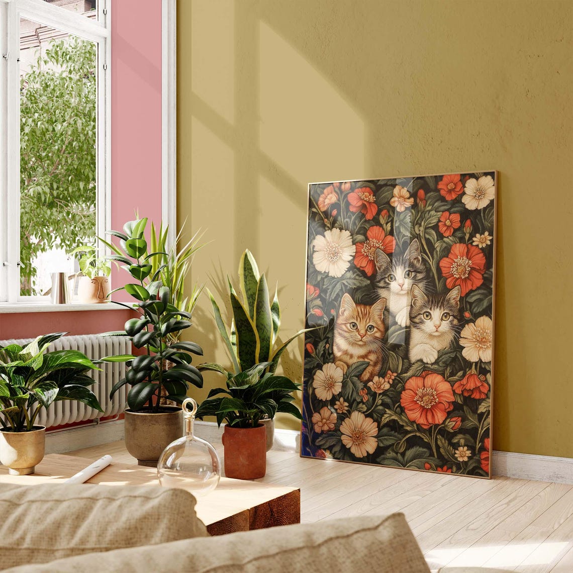 Three Kittens Peeking Through Red Poppies Morris Floral Garden Poster - Image 3