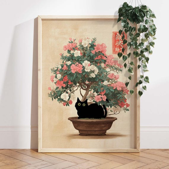 Black Cat Bonsai Art Print Vintage Japanese Botanical Wall Poster