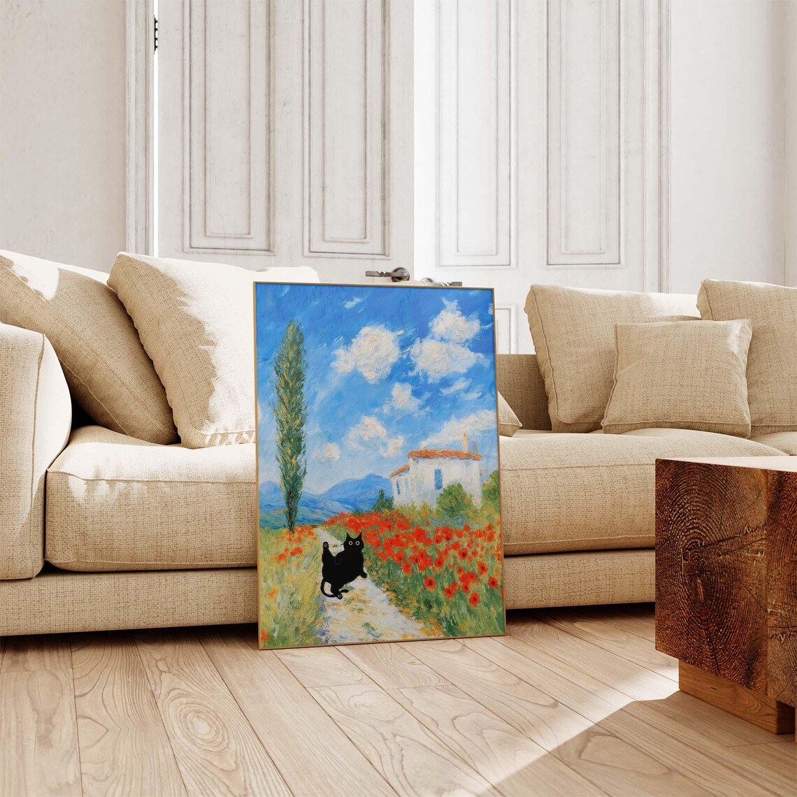 Black Cat On Path Through Monet Inspired Poppy Field Country House Poster - Image 4