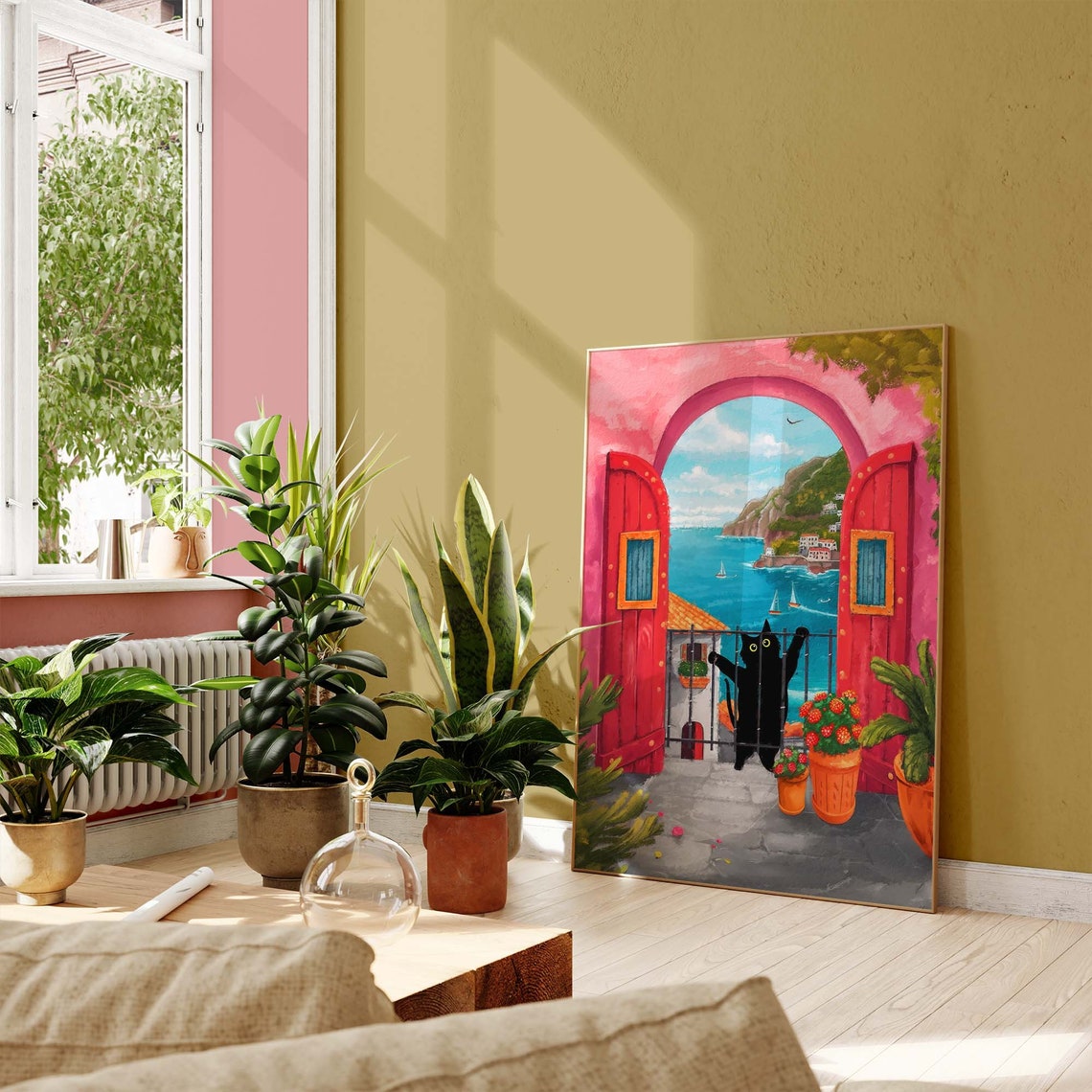 Black Cat At A Red Doorway Overlooking A Coastal Town Poster - Image 2