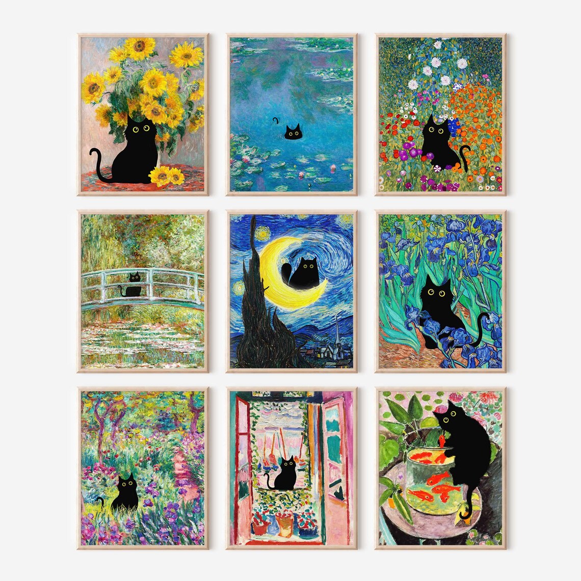 Black Cat Garden Art Print, Monet-Inspired Floral