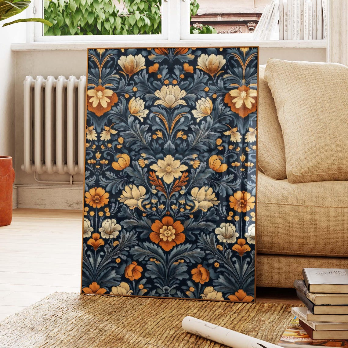 William Morris Style Floral Pattern with Orange Blooms on Navy Poster
