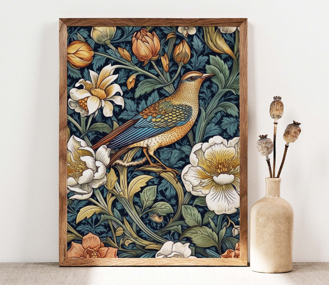 William Morris Inspired Bird With White Blossoms Vintage Print