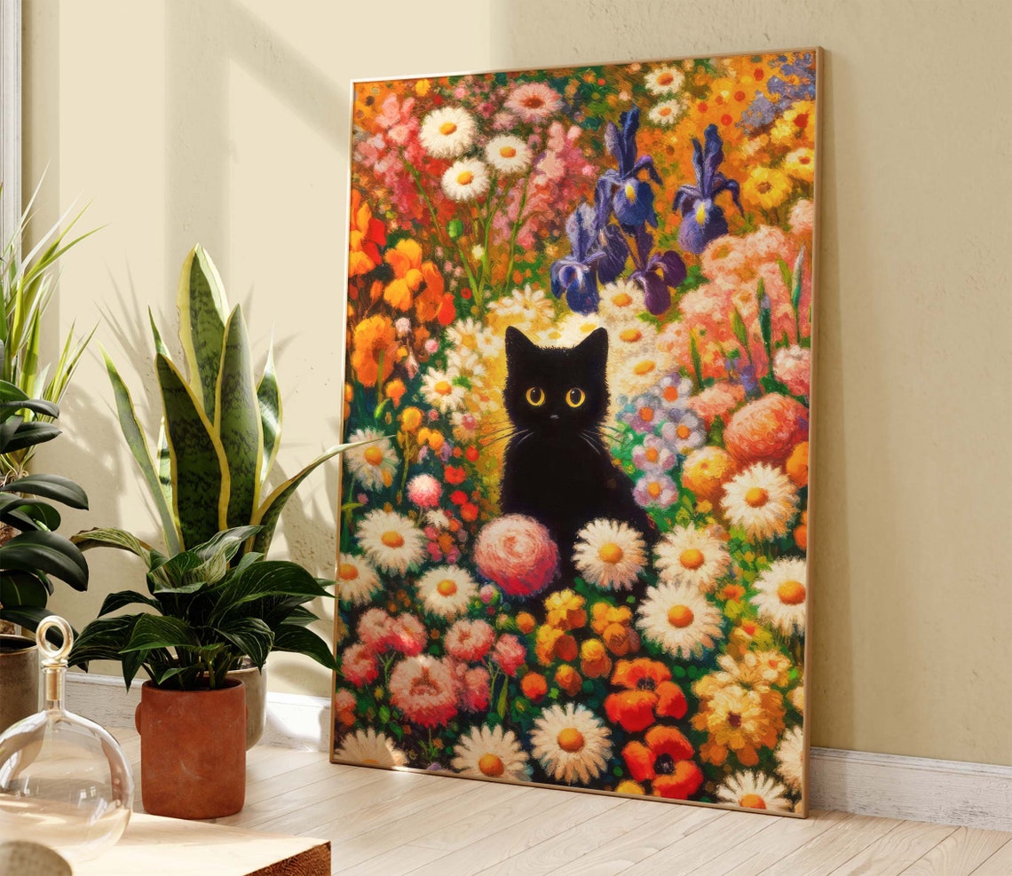 Black Cat Resting in Impressionist Flower Garden Meadow Poster