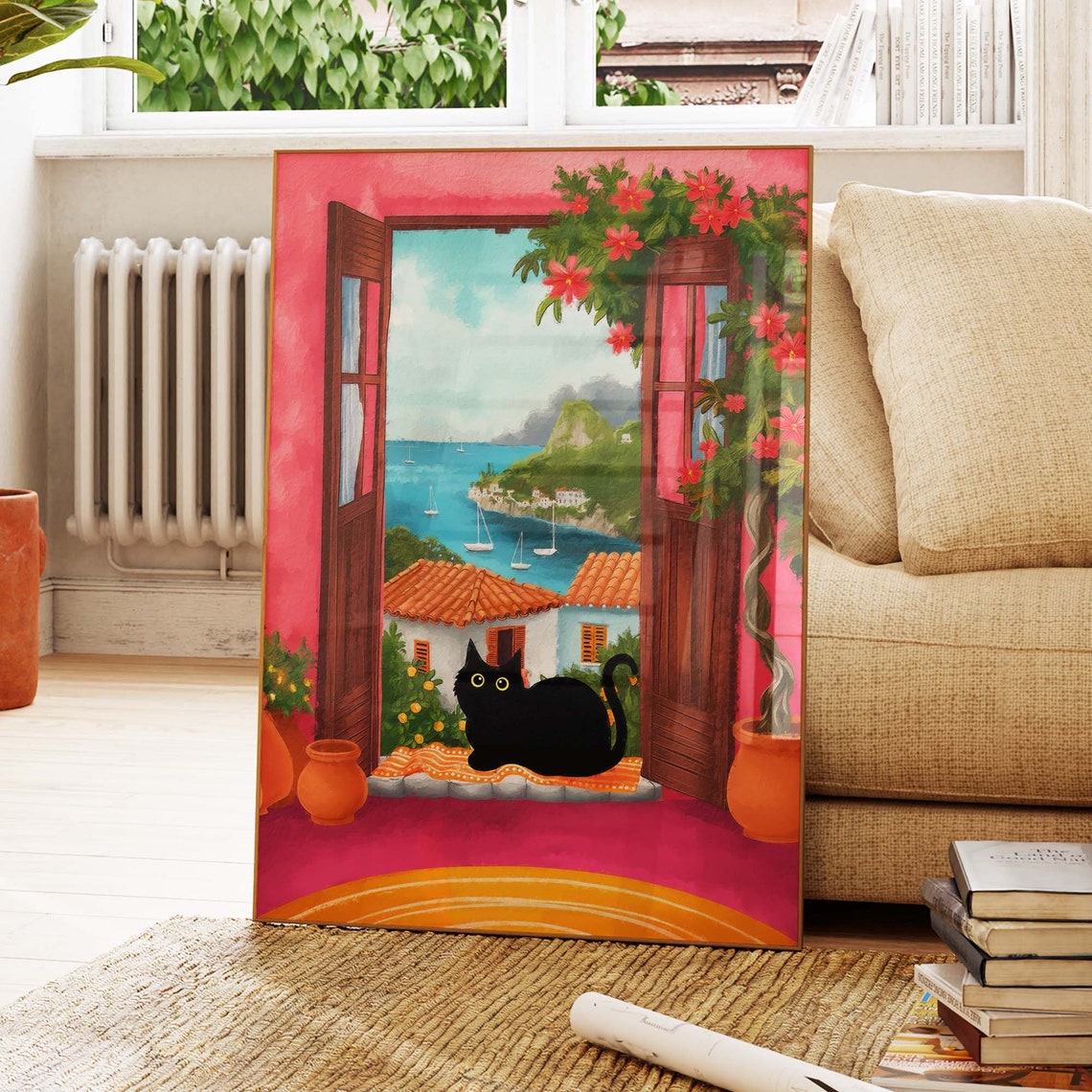 Black Cat At Open Window Overlooking Mediterranean Coast Harbor Poster