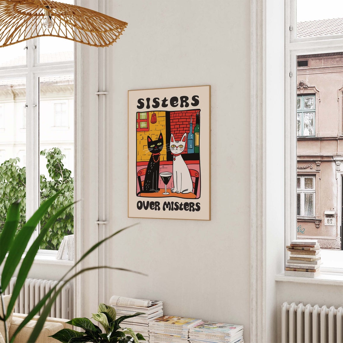 Sisters Over Misters Two Cats Sharing A Cocktail Retro Poster - Image 4