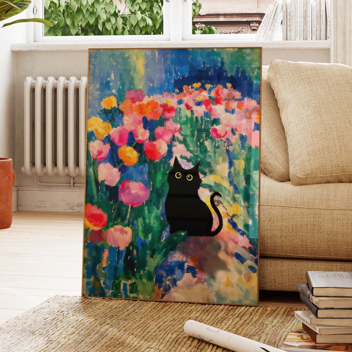 Black Cat In Colorful Matisse Style Tulip Garden Flower Poster