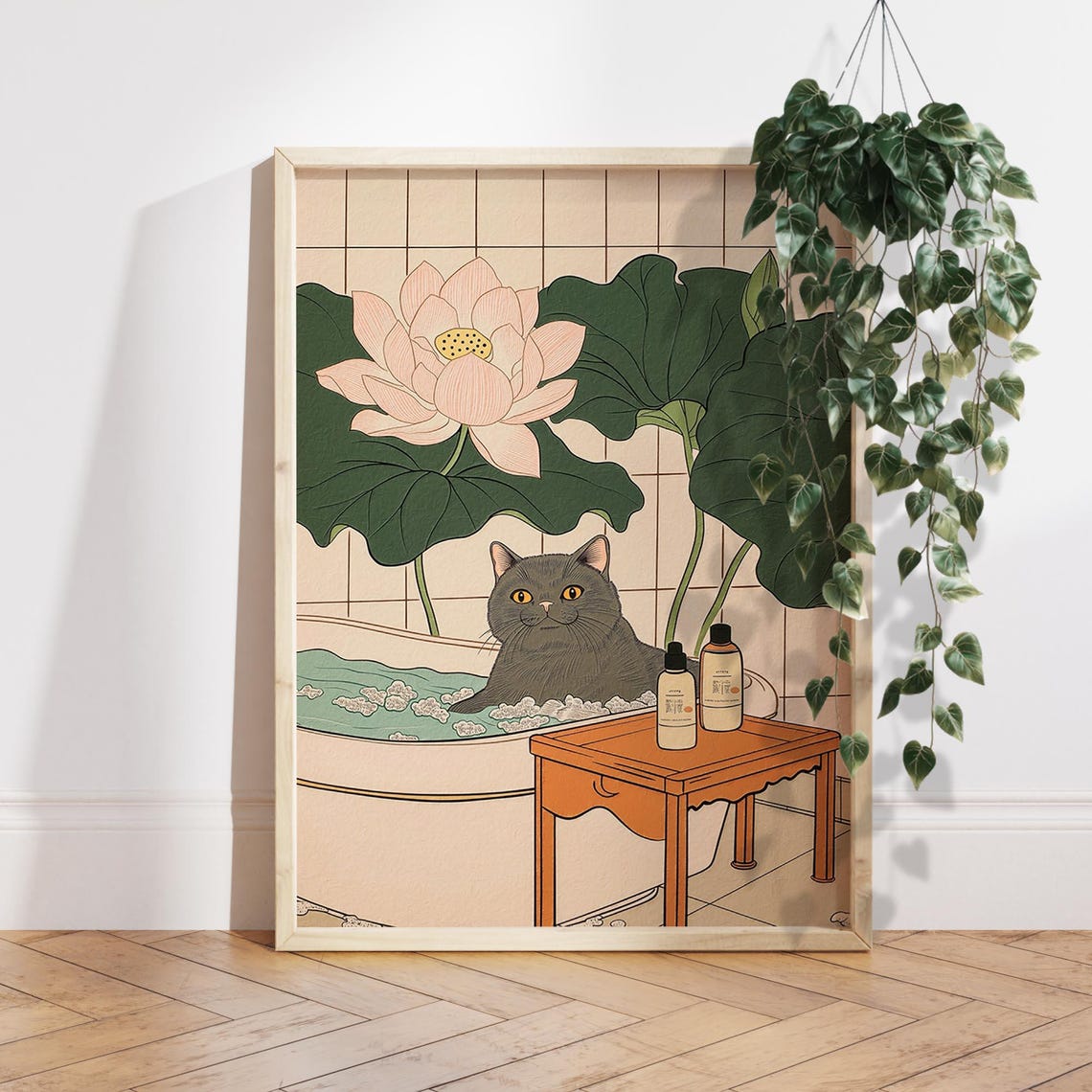British Shorthair Cat Relaxing in Bath Lotus Japanese Bathroom Poster