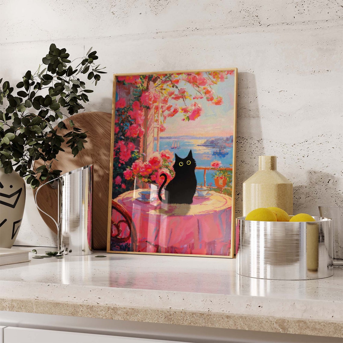 Black Cat On Cafe Table Overlooking Pink Blossom Seaside Harbor Poster - Image 2