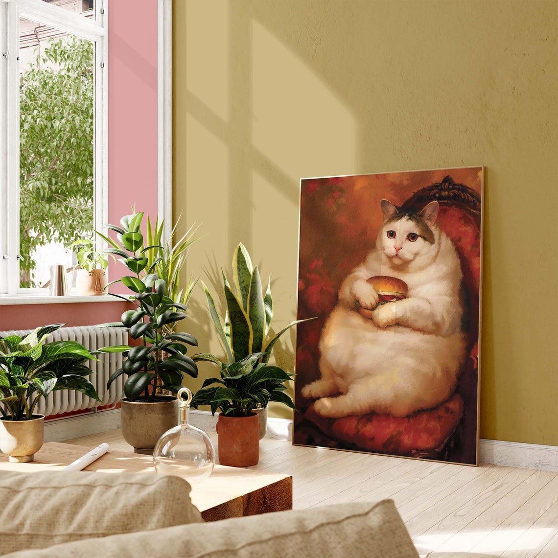 Chubby White Cat Holding A Hamburger Old Master Portrait Poster - Image 2
