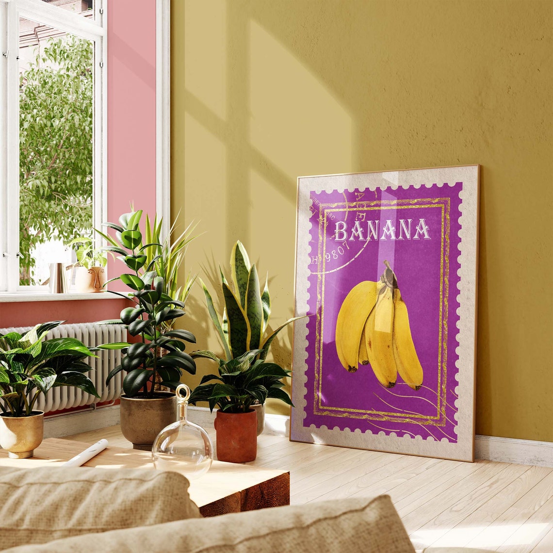 Banana Bunch Vintage Postage Stamp Design on Purple Background Poster - Image 3