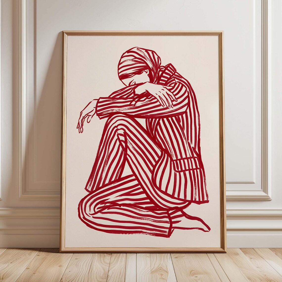 Abstract Figurative Minimalist Red Line Drawing, Woman