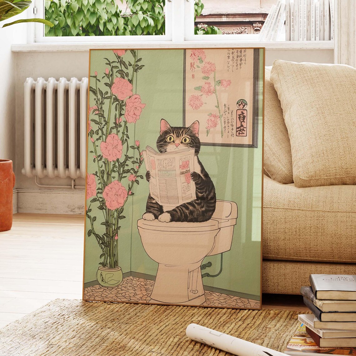 Tabby Cat on Toilet Reading Newspaper Japanese Woodblock Poster - Image 4