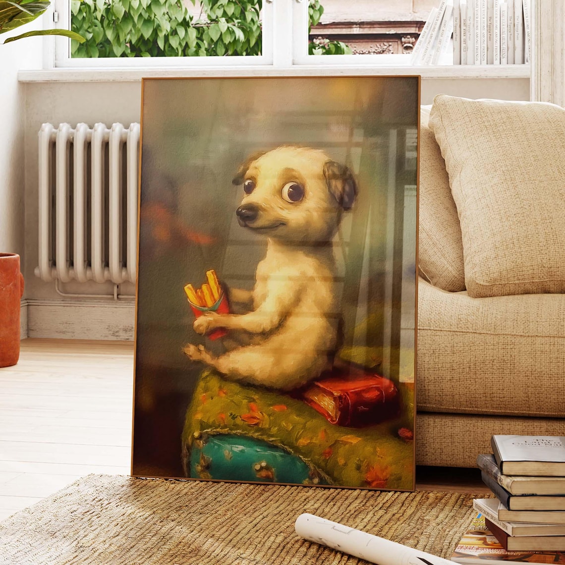 White Puppy With French Fries Perched On Stacked Books Poster