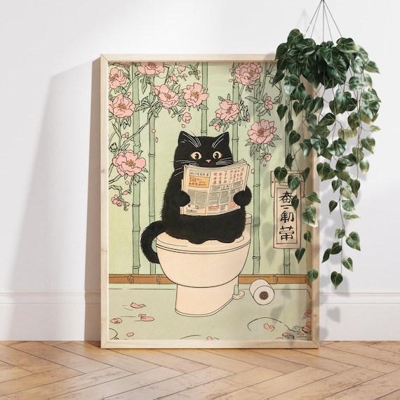 Black Cat Reading a Newspaper on the Toilet Funny Japanese Poster