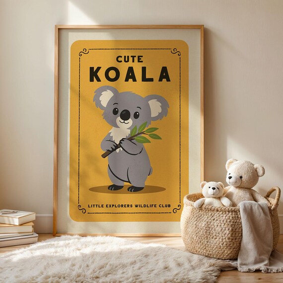 Cute Koala Cartoon Yellow Retro Nursery Kids Animal Wall Art