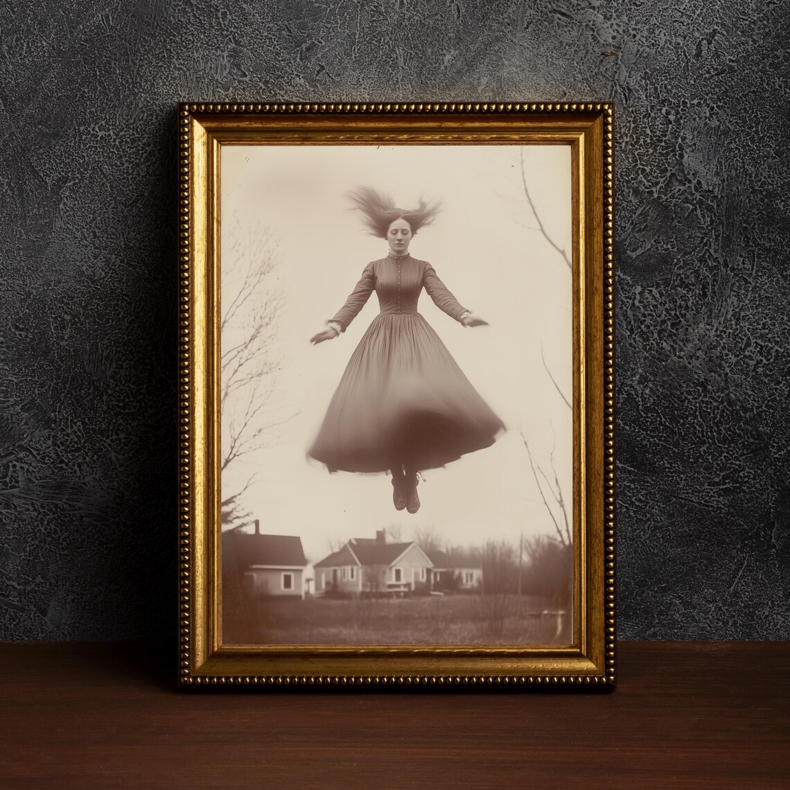 Flying Witch Vintage Sepia Spirit Old Photo Dark Academia Gothic Print
