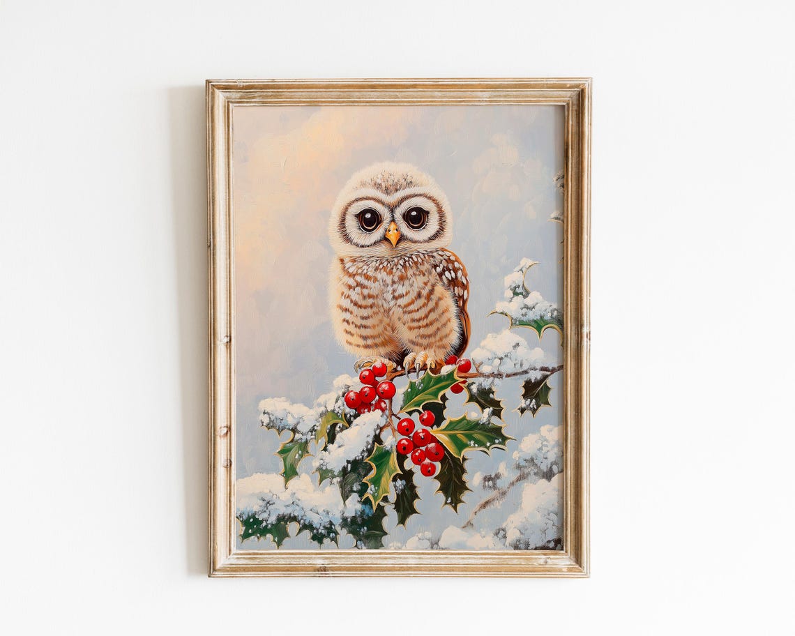 Baby Owl Perched on Snowy Holly Branch Winter Christmas Wall Art