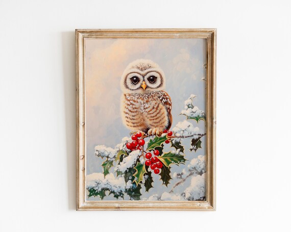 Baby Owl Perched on Snowy Holly Branch Winter Christmas Wall Art