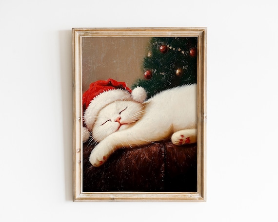 Sleeping White Cat in Santa Hat Festive Christmas Kitty Art Poster